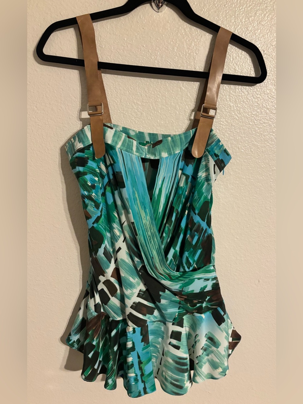 Tracy Reese Green Abstract Print Draped 100% Silk Camisole with Tan Straps